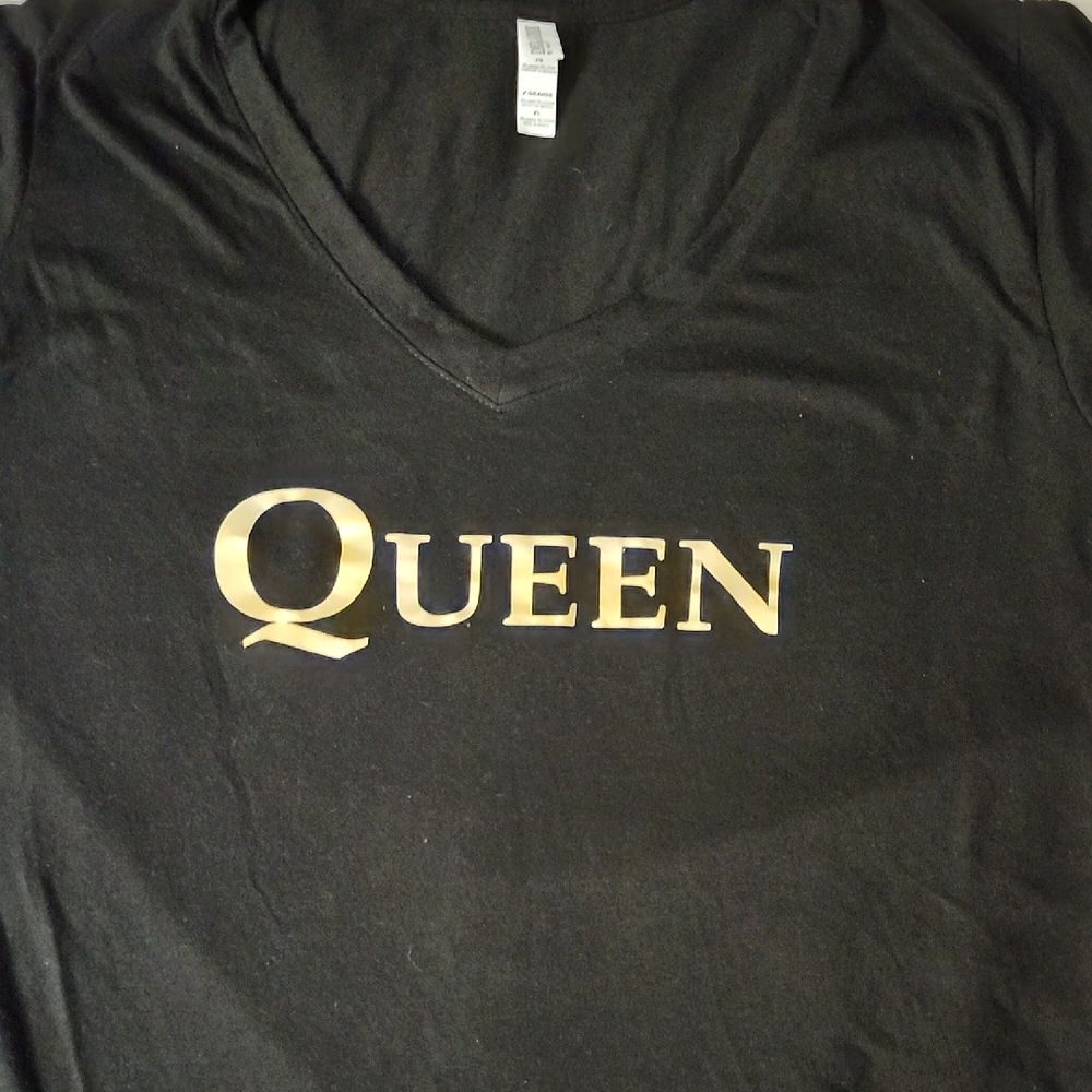 Black V-Neck T-Shirt with Gold 'Queen' Print. *fits Like A Lrg